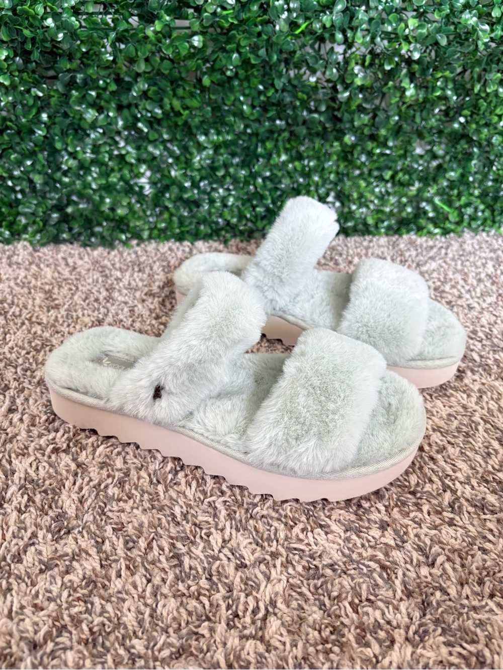 Koolaburra Plush Double-Strap Slide Slippers in Mint Green